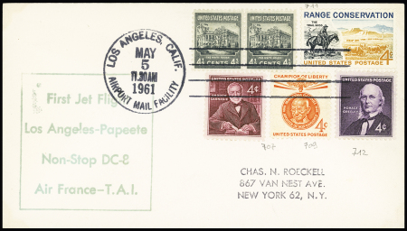 Divers USA OBL Los Angeles (1961) sur lettre avec cachet rect vert "first jet flight Los Angeles - Papeete Non-Stop DC 8 Air France TAI". TB