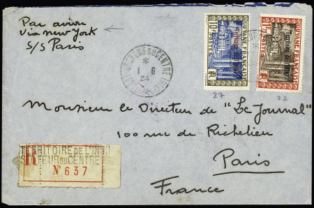 Inini : n°22 + 27 OBL CAD "Secteur du centre territ. de l'Inini" (1934) sur lettre recommandée avion pour la France. TB