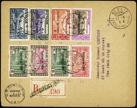 Inini n°15 + 16 + 17 + 20 + 41 + 43 + 45 OBL CAD "St Elie territoire Inini France Libre" (1944) sur lettre recommandée pour les USA. TB