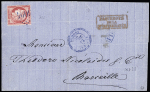 RHODES France n°57 OBL GC 5094 en bleu + T22 bleu "Rhodes Turquie" (1872) sur lettre pour Marseille. TB