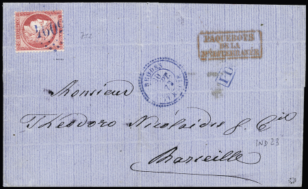RHODES France n°57 OBL GC 5094 en bleu + T22 bleu "Rhodes Turquie" (1872) sur lettre pour Marseille. TB