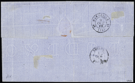 RHODES France n°57 OBL GC 5094 en bleu + T22 bleu "Rhodes Turquie" (1872) sur lettre pour Marseille. TB