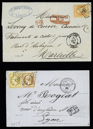2 lettres : France n°21 + 23 OBL GC 5095 + T22 "Salonique Turquie" (1865) et France n°23 OBL GC 5098 + T15 "Smyrne Turquie" (1870) sur 2 lettres, ind 11 et 13