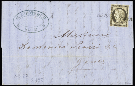 VOLO France n°56 OBL cursive "Coi postali Francesi" sur lettre pour Gênes avec cachet commercial ovale "C.Zopoto & Cie Volo" (Salles n°698), ind 22. TB