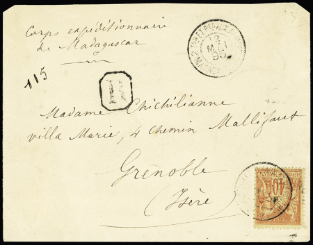 France n°94 OBL CAD "2 Tor et Pes aux armées 2 Madagascar" (1895) sur lettre recommandée pour Grenoble