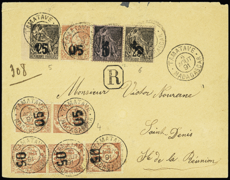 N°4, 6 pièces + 5 + 6 OBL Tamatave (1891) sur lettre