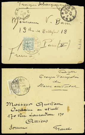 3 lettres AFF postes chérifiennes dont n°1 + 2, 2 pièces + 3 OBL rouge de Meknès (1913). TB