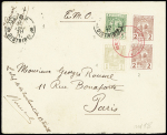 3 lettres AFF postes chérifiennes dont n°1 + 2, 2 pièces + 3 OBL rouge de Meknès (1913). TB