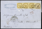 Colonies générales n°3 en bande de 3 + 5 OBL losange de points "MQE" + CAD "Martinique St Pierre" (1865) sur lettre pour Cette. TB