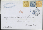 Col. Gen. N°3 + 4 + 5 OBL losange de points "MQE" + CAD "Martinique St Pierre" (1869) sur lettre pour Nantes avec arrivée. TB