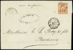 Col. Gen n°27 OBL losange de points "MQE" + CAD "Martinique St Pierre" (1877) sur lettre pour Bordeaux avec CAD d'entrée au recto "Col. Fr. Angl amb. Calais D"