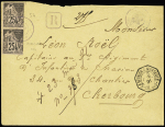 Colonies générales n°54 en paire OBL CAD "Nossi-Be**" (1891) sur lettre recommandée pour Cherbourg avec transit "La Réunion à Marseille LVn°3" (1891). Cote 500€