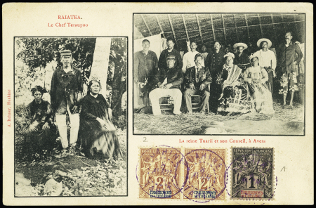 Océanie n°1 + 2 en paire OBL rare CAD "Huahine Tahiti" (1904) sur carte postale illustrée "La Reine Tuarii et son conseil à Avera". TB