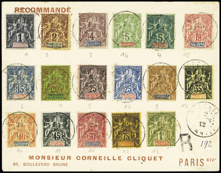 Océanie type Groupe n°1 à 19 (sauf 5 et 16) OBL Papeete (1912) sur lettre recommandée pour Paris avec arrivée. TB. Cote timbres 315€