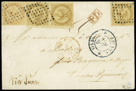 Colonies générales n°3 en paire + 5 OBL losange de points + CAD bleu "Réunion St Denis" (1865) sur lettre pour Bagnères de Bigorre. TB