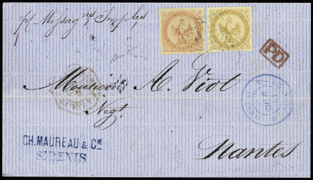 Col. Gen. N°3 + 5 OBL losange de points muet + CAD bleu "Réunion St Denis" (1868) sur lettre pour Nantes avec arrivée. TB