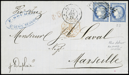 Col. Gen. N°23, 25c bleu en paire, OBL losange de points muet + CAD noir "Réunion St Denis" (1874) sur lettre pour Marseille