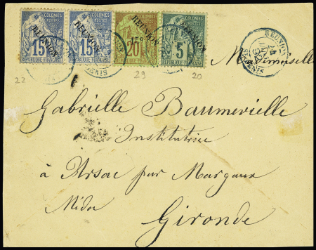 N°20 + 22 en paire + 29 OBL CAD bleu "Réunion St Denis"