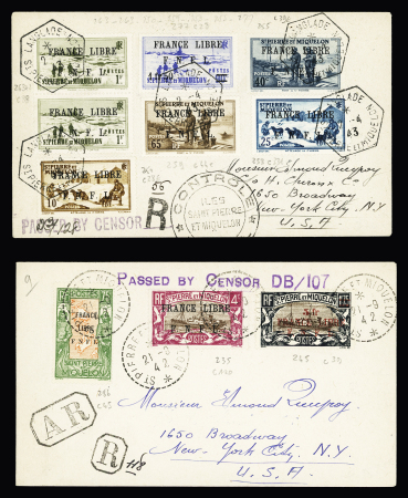 3 lettres : SPM n°191 à 195 Révolution française (rousseurs) et divers surchargés France Libre dont n°235 (cote 120€). TB