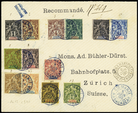 N°1 à 13 OBL CAD bleu "Ste Marie Madagascar" (1896)