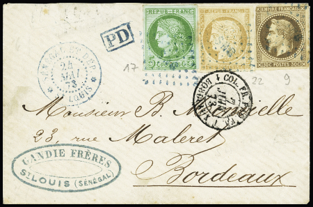 Colonies générales n°9 + 17 + 22 OBL losange de points bleu + CAD "Sénégal et dep. St Louis" (1873) sur lettre pour Bordeaux avec CAD d'entrée noir "1 Col. Fr. Paq. Fr 1 Bordeaux 1" sur lettre. TB