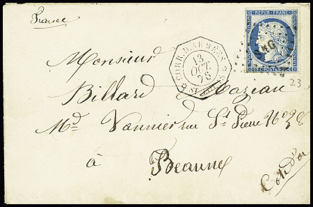 Col. Gen. N°23, 25c bleu, OBL losange de points "SNG" + CAD octogonal "Corr d'armées St Louis" (1876) sur lettre pour Beaune. TB