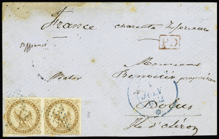 Col. Gen. N°3 en paire OBL losange de points bleu + grand CAD bleu (faible) "Gorée*" (1852) sur lettre