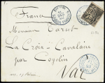 Soudan : Colonies générales n°54 OBL CAD bleu "Siguiri Soudan français" (1892) sur lettre pour Cogolin avec CAD bleu "Soudan-français ligne L n°1". Rare et TB