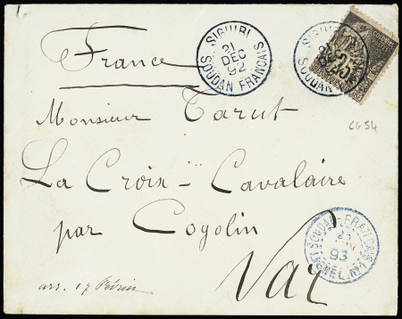 Soudan : Colonies générales n°54 OBL CAD bleu "Siguiri Soudan français" (1892) sur lettre pour Cogolin avec CAD bleu "Soudan-français ligne L n°1". Rare et TB
