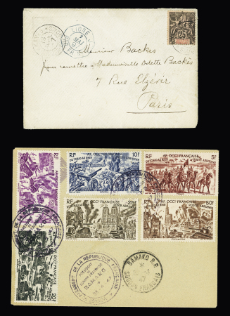 6 plis divers du Soudan (1897 - 1947) dont Sénégambie et Niger n°4 OBL CAD "Médine Soudan Français" (1897) sur carte postale photo "Bœuf porteur". TB