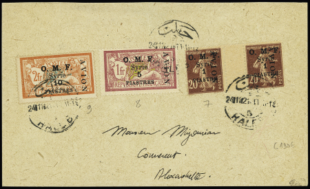 Syrie PA n°7, paire interpanneau + PA8 + PA9 OBL Haleb 5 (1921) sur lettre pour Alexandrette, signé Calves. TB. Cote timbres 190€