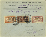 Syrie PA n°7, paire interpanneau + PA8 + PA9 OBL Alexandrette (1921) sur lettre avec arrivée Haleb 6. TB.