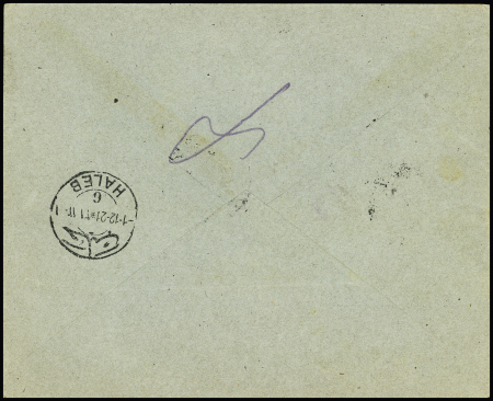 Syrie PA n°7, paire interpanneau + PA8 + PA9 OBL Alexandrette (1921) sur lettre avec arrivée Haleb 6. TB.