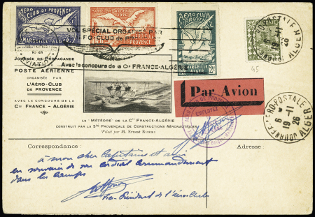 Algérie n°45 OBL CAD "Journée aéro-postale Alger" (1926) sur carte spéciale (hydravion météore) avec signature du vice-président de l'aéro-club (Muller n°14). TB