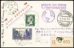 N°174 + 261 OBL Paris 74 (1932) sur carte postale recommandée (portrait d'Aristide Briand) pour Recife (Brésil) avec griffe illustrée violette "Luftschiff Graf Zeppelin 1 Sudamerikafahrt". TB