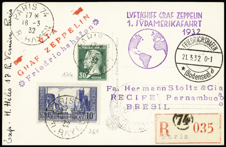 N°174 + 261 OBL Paris 74 (1932) sur carte postale recommandée (portrait d'Aristide Briand) pour Recife (Brésil) avec griffe illustrée violette "Luftschiff Graf Zeppelin 1 Sudamerikafahrt". TB