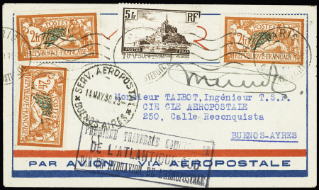 N°260 (def) + 145, 2 pièces, OBL Paris (1930) sur lettre pour Buenos Ayres avec cachet rect noir "Première traversée commerciale de l'Atlantique Sud par un hydravion de l'aéropostale" avec signature de Mermoz (Mulle