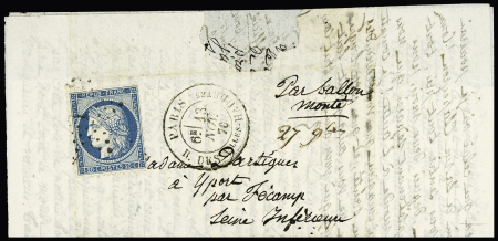 N°37 OBL étoile 7 + CAD "Paris R. des Vlles HAUDRtes" (13 nov 70) sur ballon monté pour Yport. Arrivée le 26 nov (Le Général Uhrich). TB