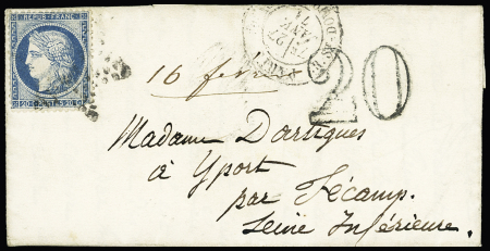 N°37 OBL étoile 20 (27 janv 1871) sur lettre pour Yport sortie par voie de terre avec taxe allemande double trait 20 en noir. TB