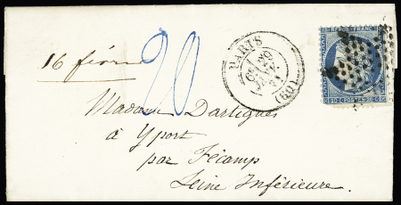 N°37 def OBL étoile muette + CAD "Paris (60)" (29 janv 71) sur lettre pour Yport avec taxe allemande 20 manuscrite. TB