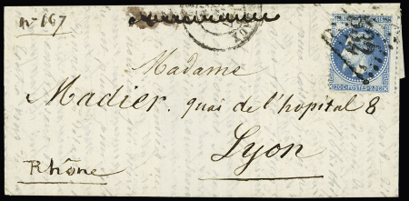 Passeur Droco de la Compagnie de Courriers : lettre datée de Paris (24 oct 70) pour Lyon (arrivée au verso 30 oct 70) avec papillon manuscrit demandant 5 francs pour la réponse à donner à M. Droco 47 rue du Palais G
