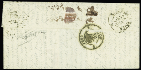 Passeur Droco de la Compagnie de Courriers : lettre datée de Paris (24 oct 70) pour Lyon (arrivée au verso 30 oct 70) avec papillon manuscrit demandant 5 francs pour la réponse à donner à M. Droco 47 rue du Palais G