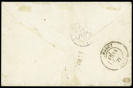 Boule de Moulins : n°29 + 32 OBL GC 3646 + CAD T17 "St Gervais les Bains (89)" (13 janv 71) sur lettre avec au verso CAD de transit d'Annecy et au verso CAD d'arrivée de Paris 18 février 1871 (courrier stocké à Cosn