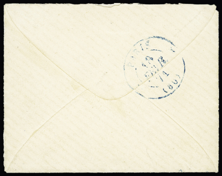 Tentative de retour sur Paris : n°29 OBL étoile évidée bleue sur lettre avec au verso CAD "Paris (60)" (18 fev 71) (pli transporté en même temps que les Boules de Moulins regroupées à Cosne). TB