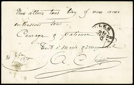 NON dénommé n°1 - n°28 OBL étoile 24 + CAD "Paris R. de Cléry" sur carte postale sans mention "par ballon monté" adressée à Boulogne sur Mer et réexpédiée à Bruxelles avec taxe 4 tampon façon manuscrite. TB