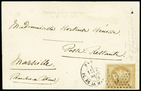 Non Dénommé n°2 - n°28 OBL étoile 3 + CAD "Pl. de la Madeleine" (2 sept 1870) sur carte postale pour Marseille en poste restante avec petite griffe "trouvée à la Courneuve le 10 oct 1870" (frappe légère). Cote 5