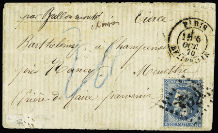 L'Armand Barbès - n°29 OBL GC 432 + CAD "Paris Belleville" (5 oct 70) sur lettre pour Nancy avec taxe 20 au crayon bleu - sans arrivée (zone occupée). TB