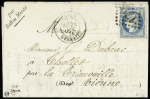 Le Vauban - n°37 OBL GC 1715 + CAD "Paris Grenelle" (24 oct 1870) sur formule Bouquillard avec mention imprimée oblique "par ballon monté" pour La Trimouille (80) avec arrivée CAD T16 4 nov. Signé Calves. Rare et TB