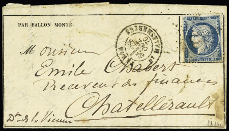 Le Colonel Charras - n°37 OBL étoile 37 + CAD "Paris Bt Malesherbes (28 oct 70) sur Gazette des Absents n°2 pour Chatellerault avec arrivée 2 nov. TB
