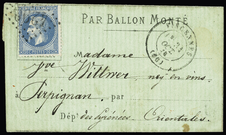 Le Fulton - n°37 OBL GC 4290 + T17 "Vincennes (60)" (31 oct 70) sur rare formule sur papier gris-vert avec mention imprimée "par ballon monté" pour Perpignan avec au verso transit "Paris (60)" (31 oct) et arrivée 5 n